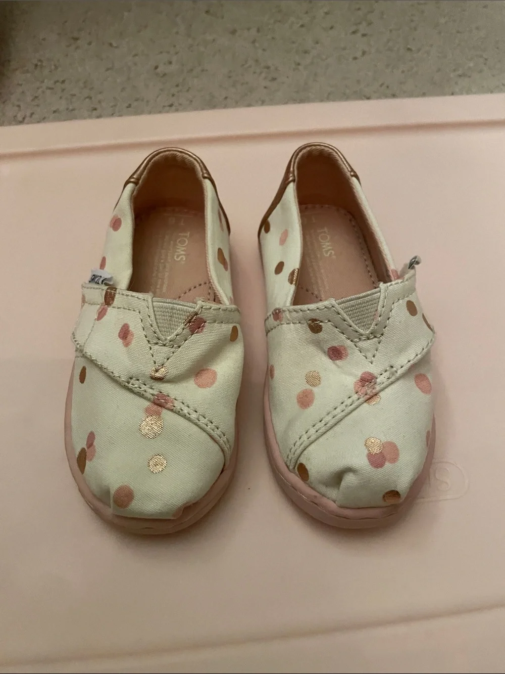 Toms Baby Slip-On Canvas Shoes in Cream with Pink & Gold Dots